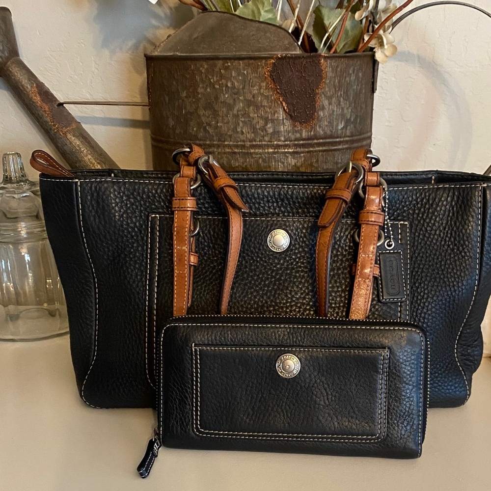 Coach Black and Tan Pebble Leather Tote & matching wallet